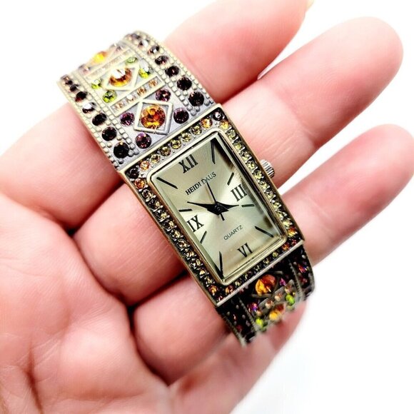 Heidi Daus Women's Double Trouble Cuff Wrist Watch Swarovski Crystals Brass Tone - Picture 2 of 9